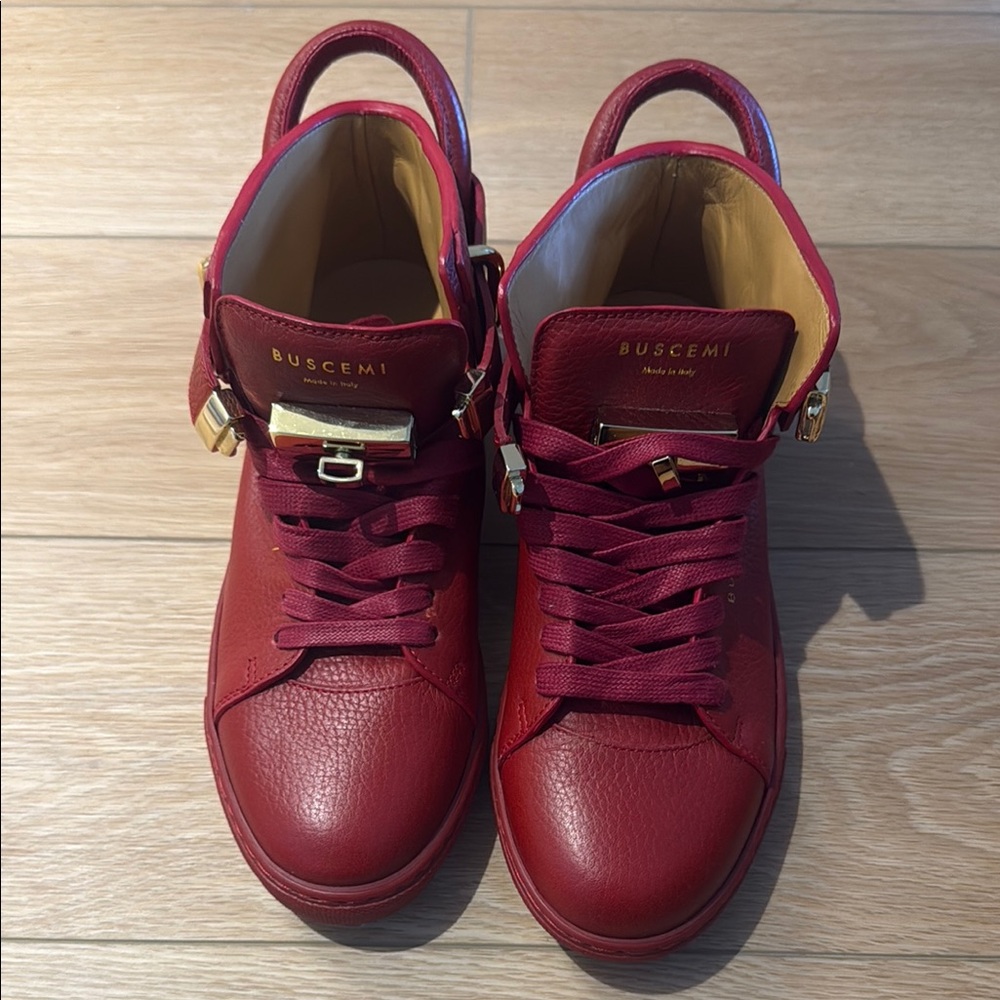 Buscemi Burgundy High-Top Sneakers with Gold Accents